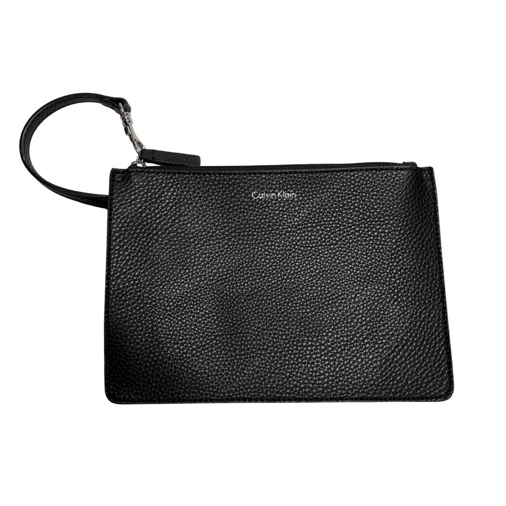 Calvin Klein Wristlet Pouch Black Pebble Faux Leather Silver Logo H7DCZ6WF Chic